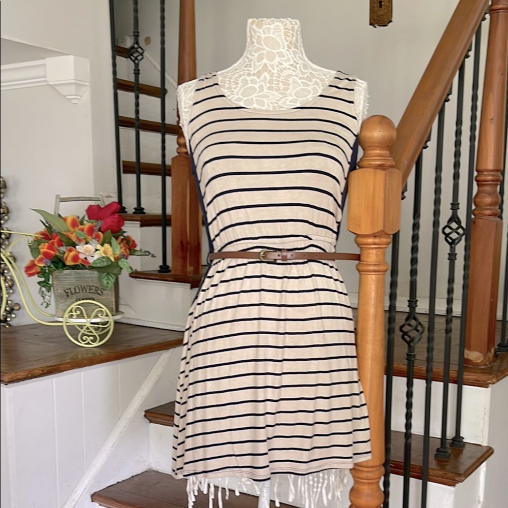 Pink Rose rayon striped shirt belted sleeveless dress